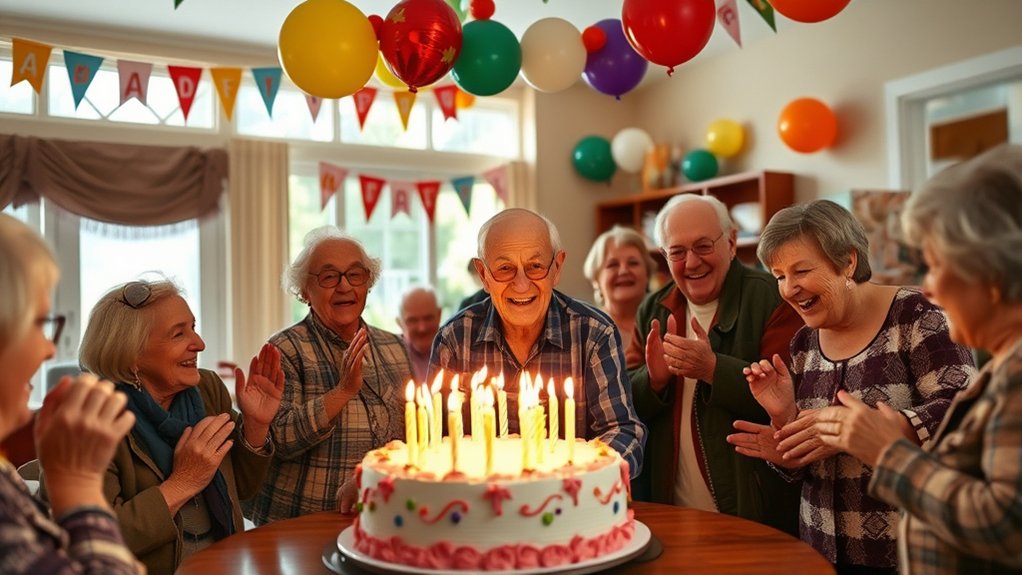 Seniors celebrating a birthday with a decorated cake, surrounded by joyful residents in an assisted living community, enhancing connection and creating cherished memories.
