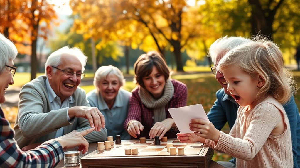 Seniors and a young girl enjoying a game of checkers outdoors, surrounded by autumn foliage, highlighting intergenerational bonding and shared experiences.
