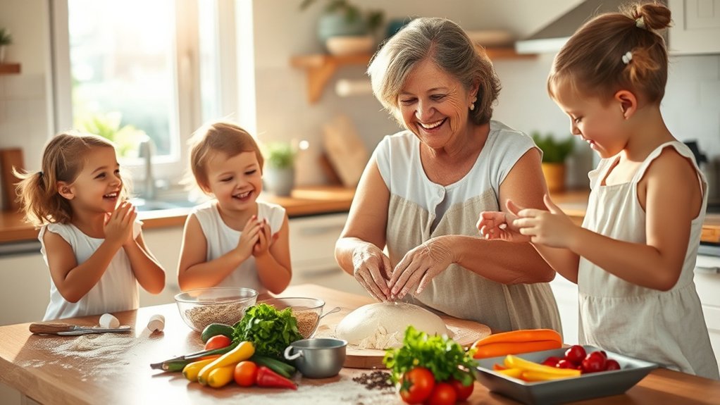 Grandmother and three young girls joyfully cooking together in a bright kitchen, preparing dough with fresh vegetables and ingredients, fostering intergenerational bonding and creating lasting memories.