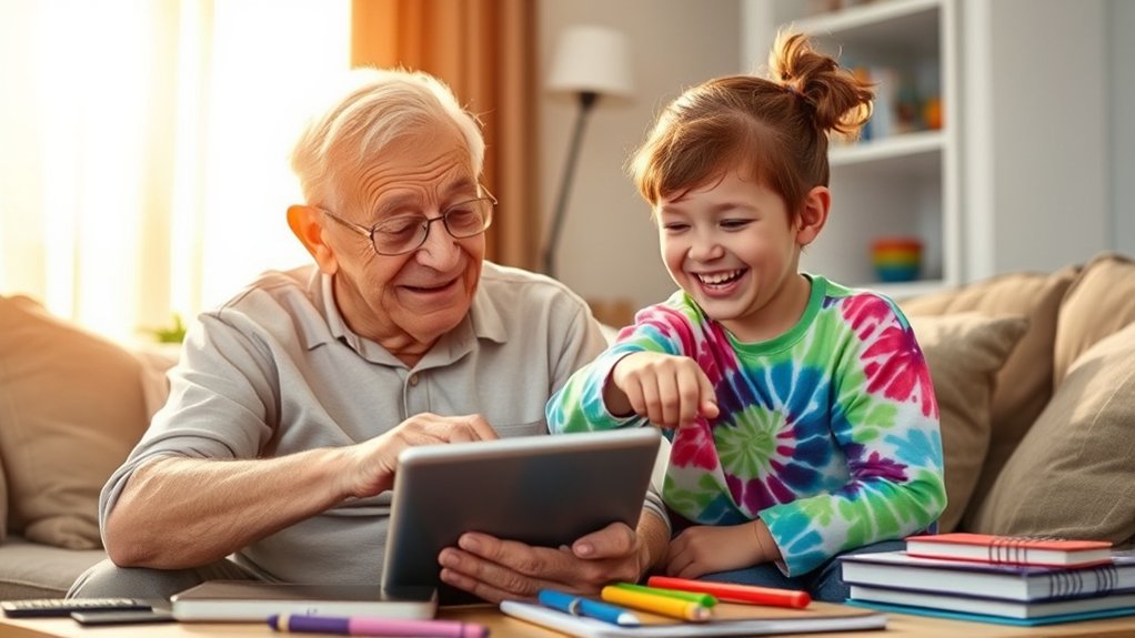 Grandfather and granddaughter engaging with a tablet, sharing laughter and learning, surrounded by colorful books and art supplies, highlighting intergenerational bonding through technology tutoring.