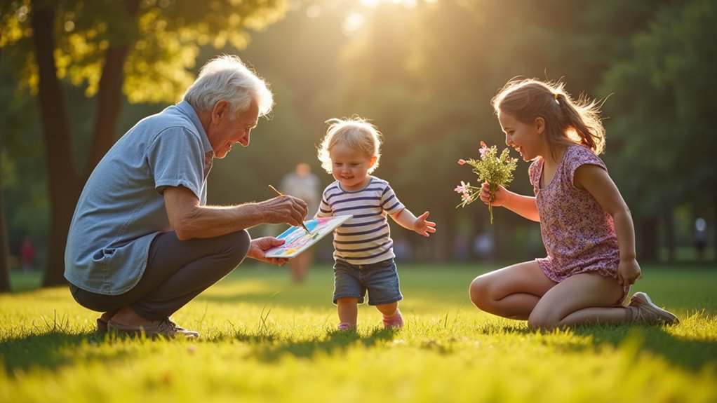 Grandparent engaging in creative crafting with a toddler, while another child holds flowers, in a sunlit park setting, highlighting intergenerational bonding activities.