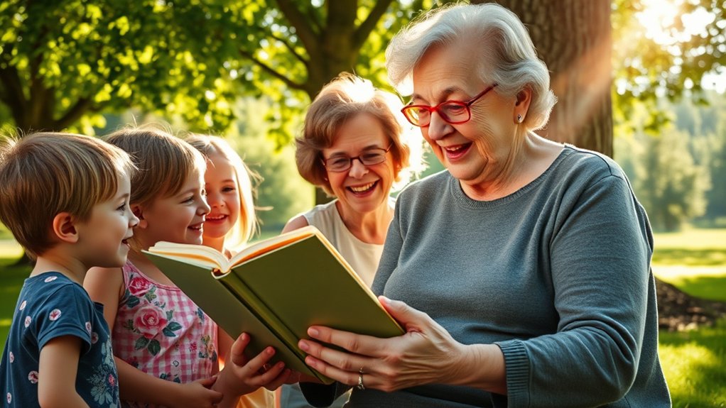 Grandmother reading a book to grandchildren outdoors, sharing stories and laughter, fostering intergenerational connections and love for storytelling.