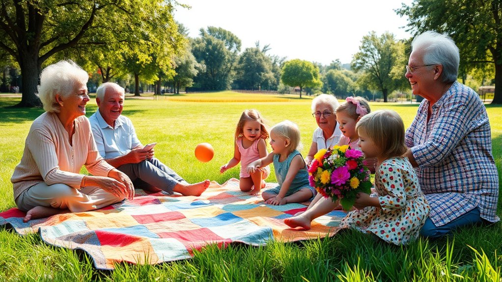 Seniors and grandchildren enjoying quality time together on a colorful picnic blanket in a sunny park, engaging in playful activities and sharing joyful moments.