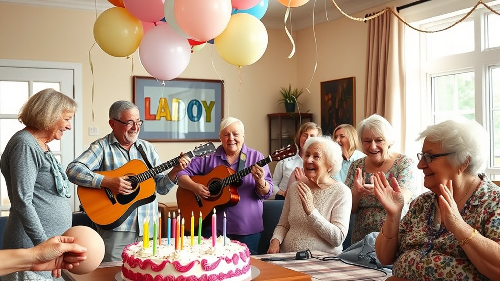 Seniors celebrating a birthday with music, guitars, and a decorated cake, surrounded by colorful balloons, fostering community and joy in a lively atmosphere.