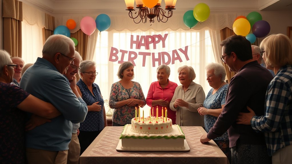 Group of seniors celebrating a birthday with a cake adorned with candles, surrounded by colorful balloons and a "HAPPY BIRTHDAY" banner, fostering community and connection in an assisted living environment.