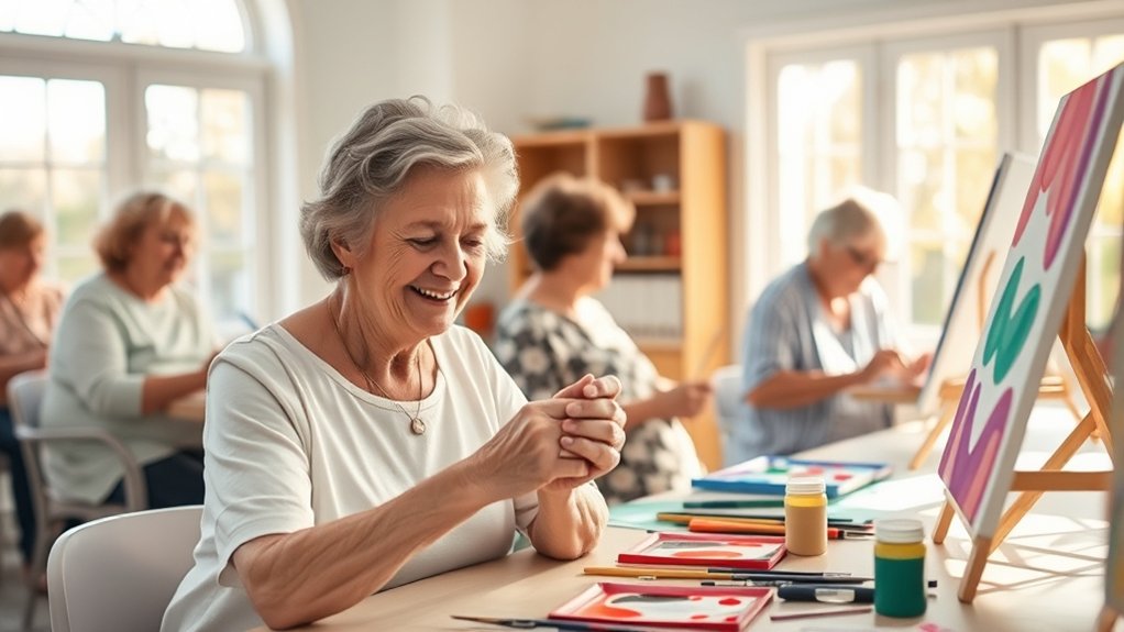 Senior woman engaging in art activity, smiling while holding materials, with other residents painting in a bright, supportive environment, illustrating the therapeutic benefits of creative expression for memory care.