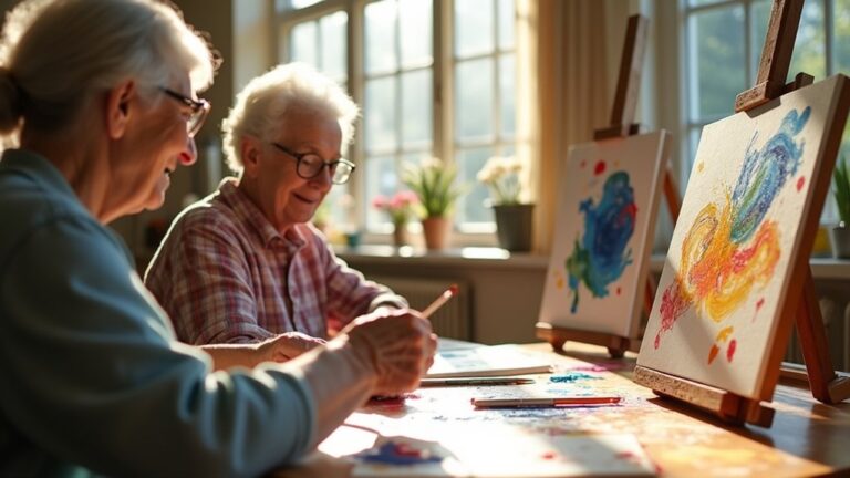 Seniors engaged in creative painting activities, fostering artistic expression and emotional well-being in a memory care setting.