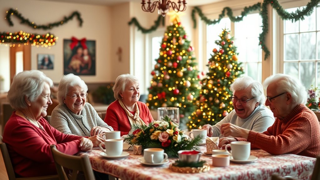 Seniors enjoying holiday festivities at a decorated table with festive decorations, Christmas trees, and a floral centerpiece, fostering joy and connection in a memory care setting.