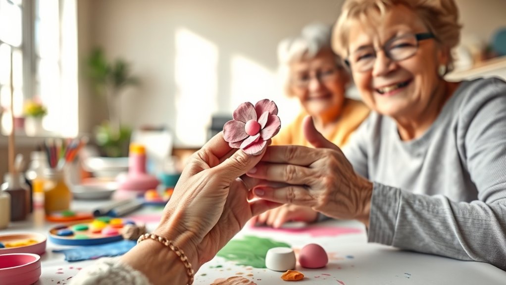 Older adults engaging in arts and crafts, creating a pink flower, fostering creativity and connection in a supportive environment.