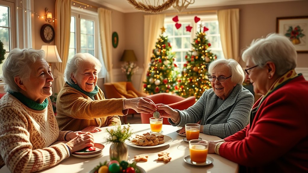 Seniors enjoying a festive gathering, sharing cookies and drinks, surrounded by holiday decorations and Christmas trees, promoting connection and nostalgia in memory care.