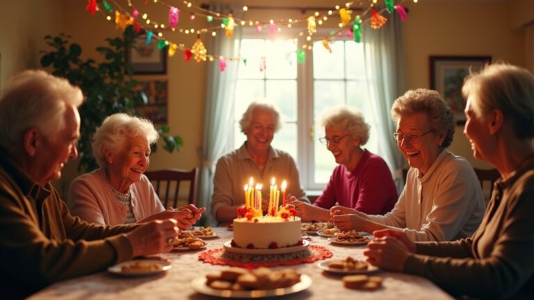Seniors celebrating together at a festive table with a birthday cake, candles, and holiday decorations, highlighting the joy of shared memories in memory care.
