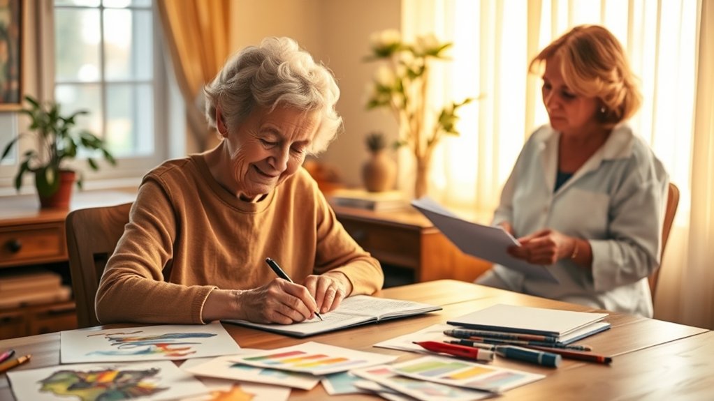 Elderly woman writing in a notebook with colorful drawings scattered on the table, while a caregiver observes, highlighting the therapeutic benefits of storytelling and creativity in memory care.