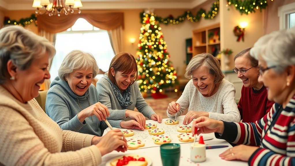 Seniors engaging in festive cookie decorating activity, surrounded by holiday decorations and a Christmas tree, fostering joy and connection during memory care celebrations.
